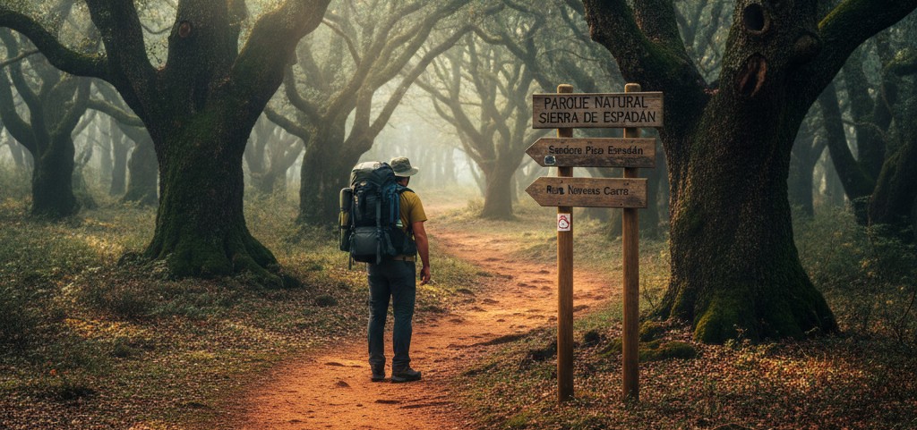 Senderista con mochila caminando por un sendero de tierra roja en un bosque de alcornoques, junto a un cartel de madera que indica el inicio de las rutas en el Parque Natural Sierra de Espadán.