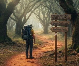 Senderista con mochila caminando por un sendero de tierra roja en un bosque de alcornoques, junto a un cartel de madera que indica el inicio de las rutas en el Parque Natural Sierra de Espadán.